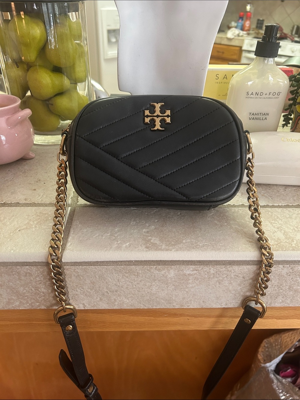 Tory Burch Black Quilted Leather Crossbody with Gold Logo and Chain Strap